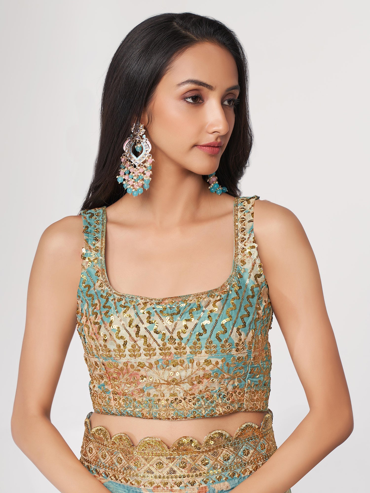 Turquoise Floral Digital Printed Saree In Organza