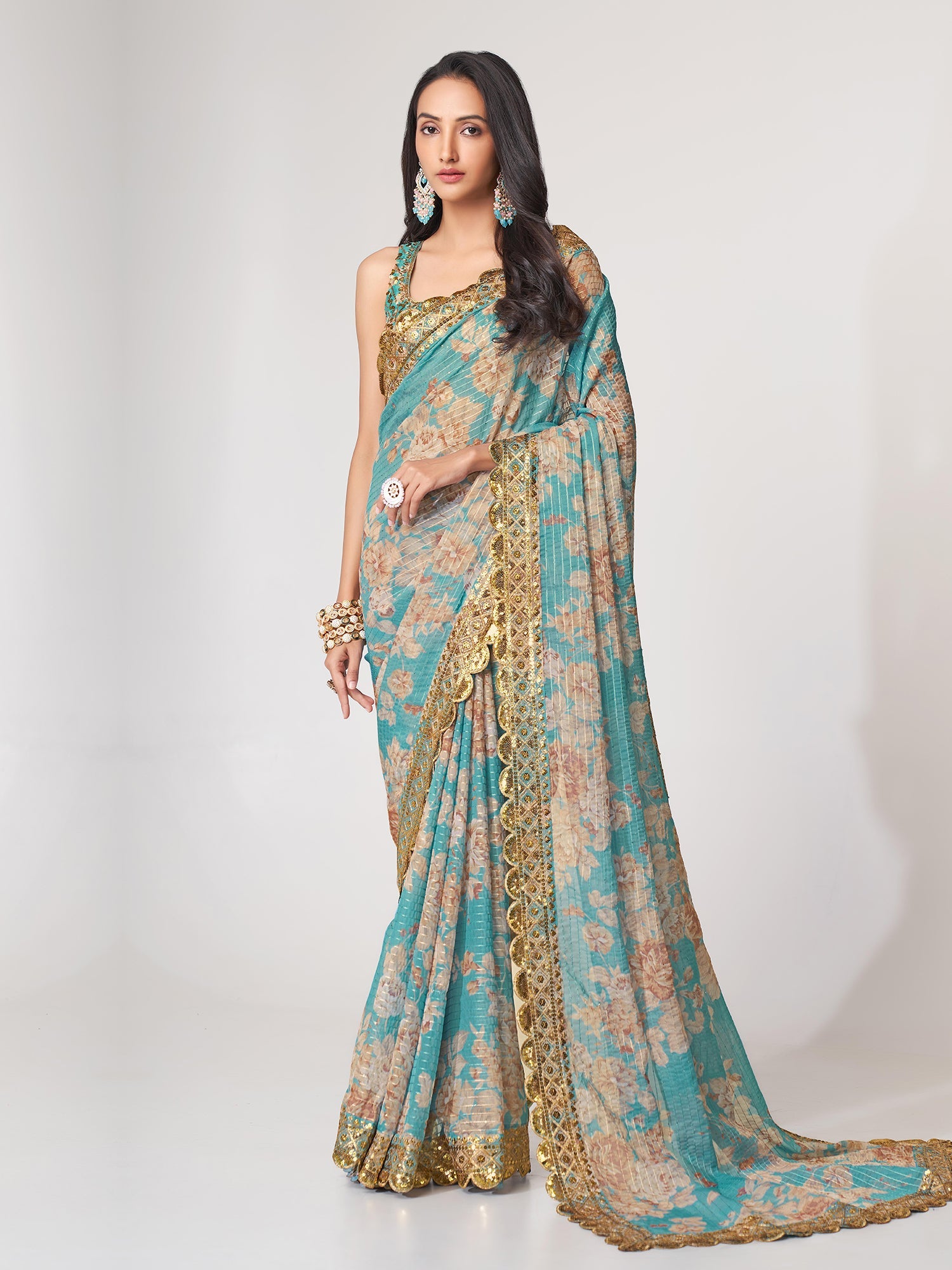 Turquoise Floral Digital Printed Saree In Organza