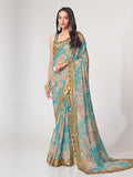 Turquoise Floral Digital Printed Saree In Organza