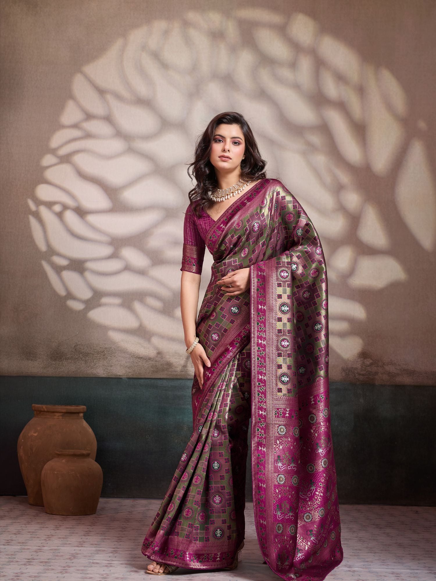 Magenta & Green Meenakari Woven Art Silk Saree