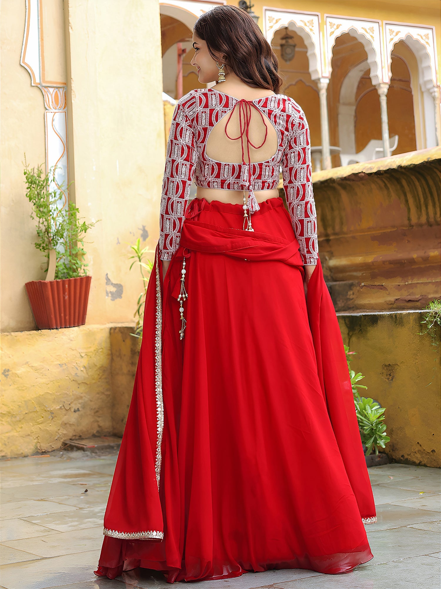 Red Georgette Embroidered Lehenga Choli