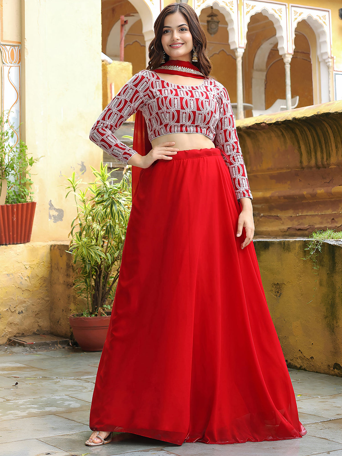 Red Georgette Embroidered Lehenga Choli