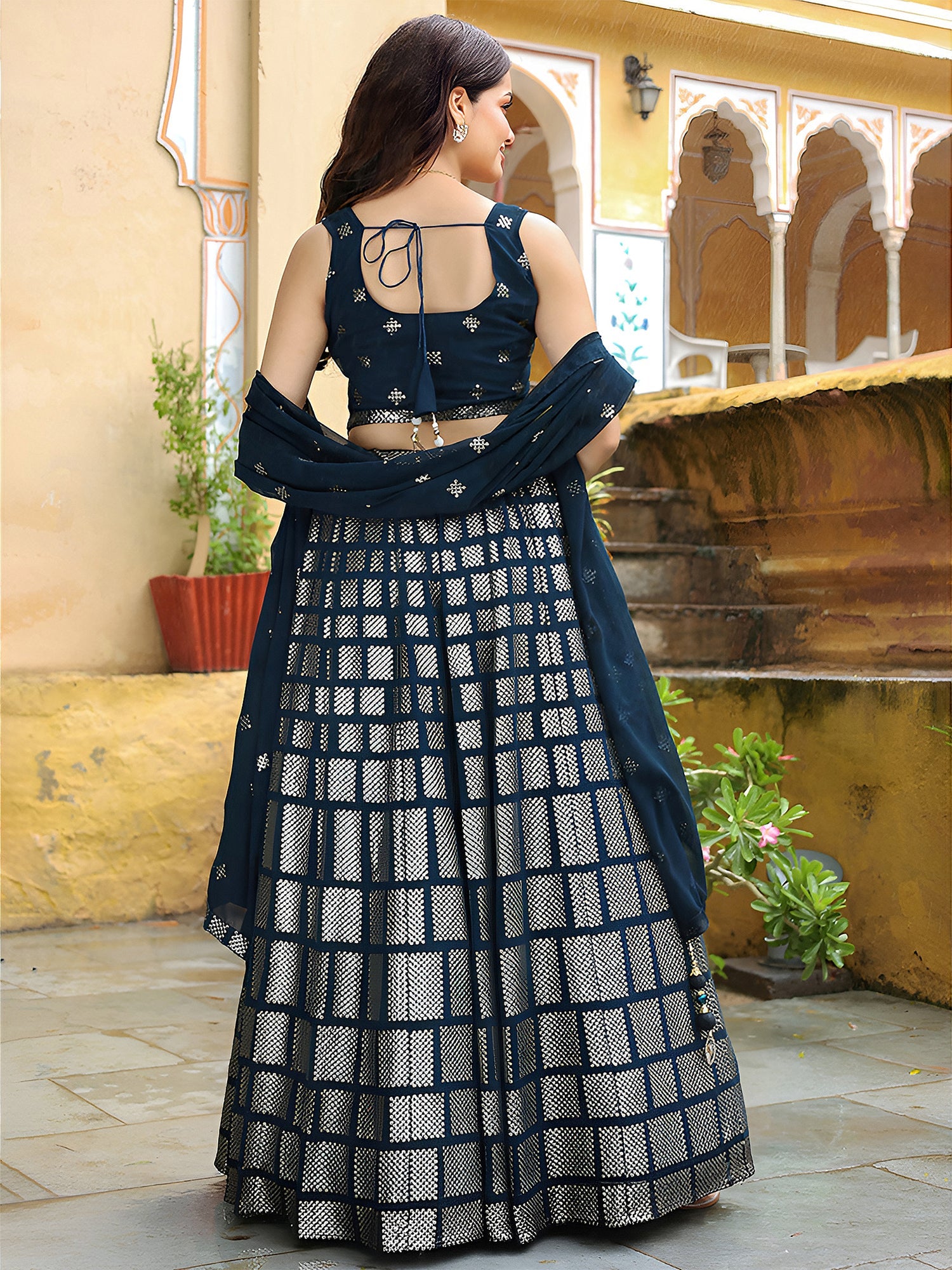 Navy Blue Georgette Embroidered Lehenga Choli