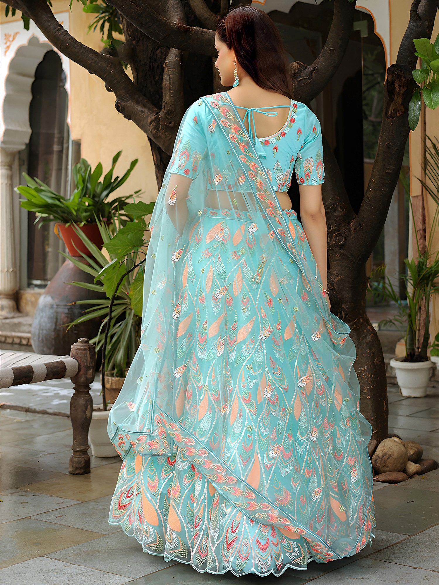 Sky Blue Net Sequin Embroidered Lehenga Choli