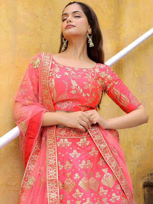 Peach Silk Sequin Embroidered Lehenga Choli