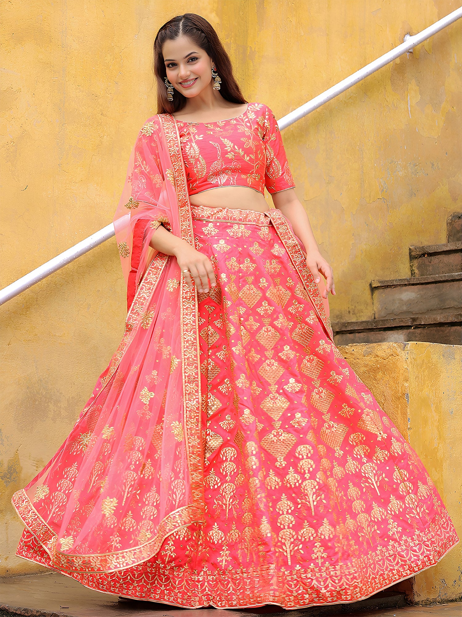 Peach Silk Sequin Embroidered Lehenga Choli