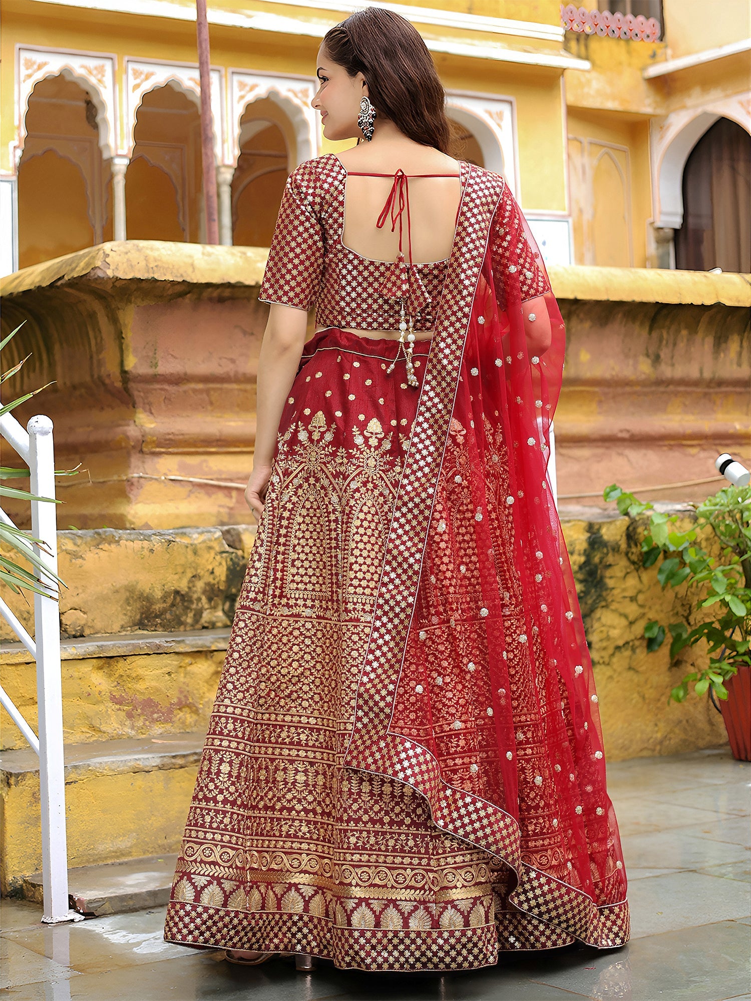 Maroon Embroidered Lehenga Choli In Silk