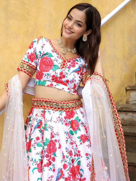 White Art Silk Embroidered Festive Lehenga Choli