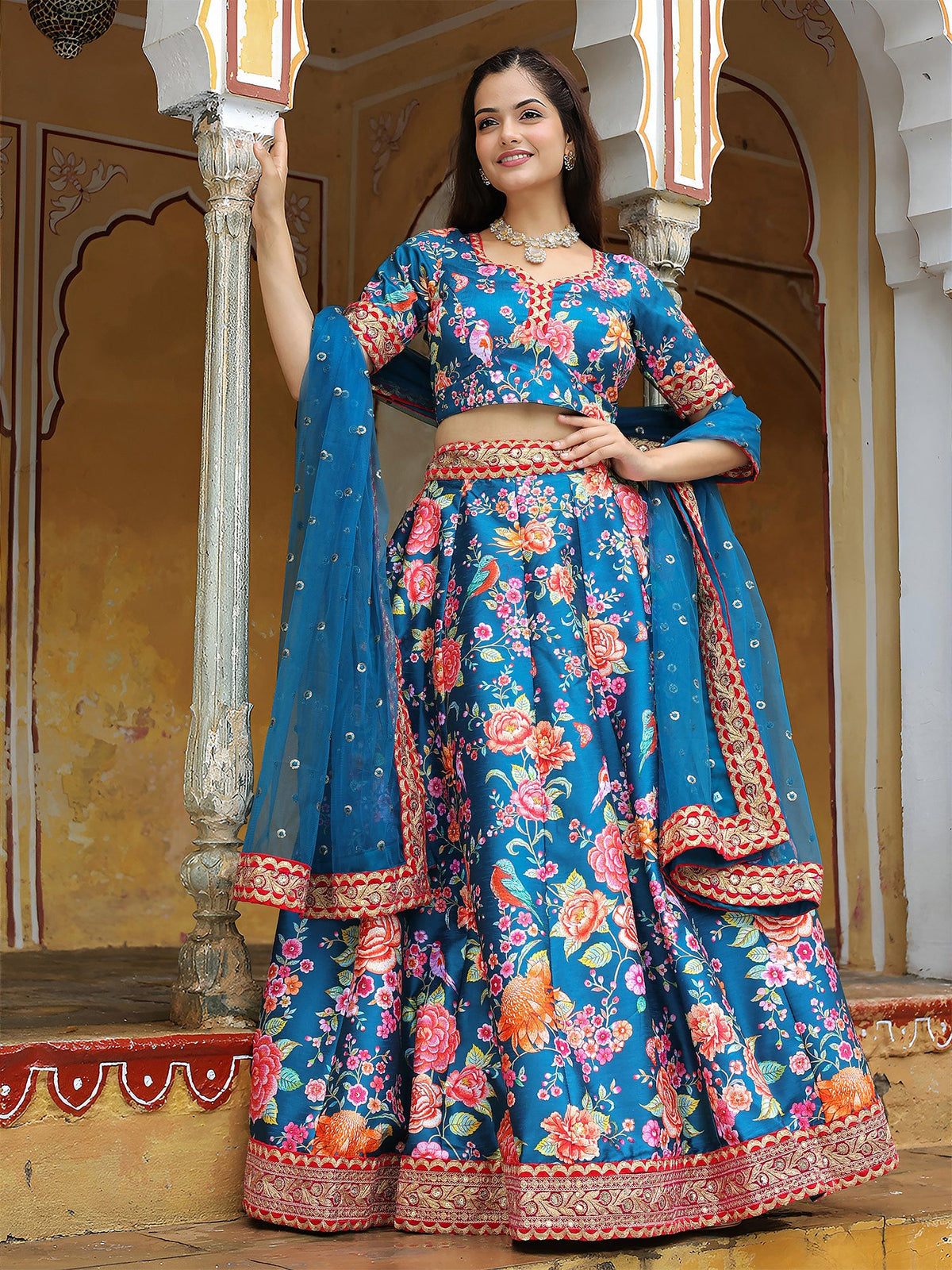 Blue Thread Embroidered Art Silk Lehenga Choli