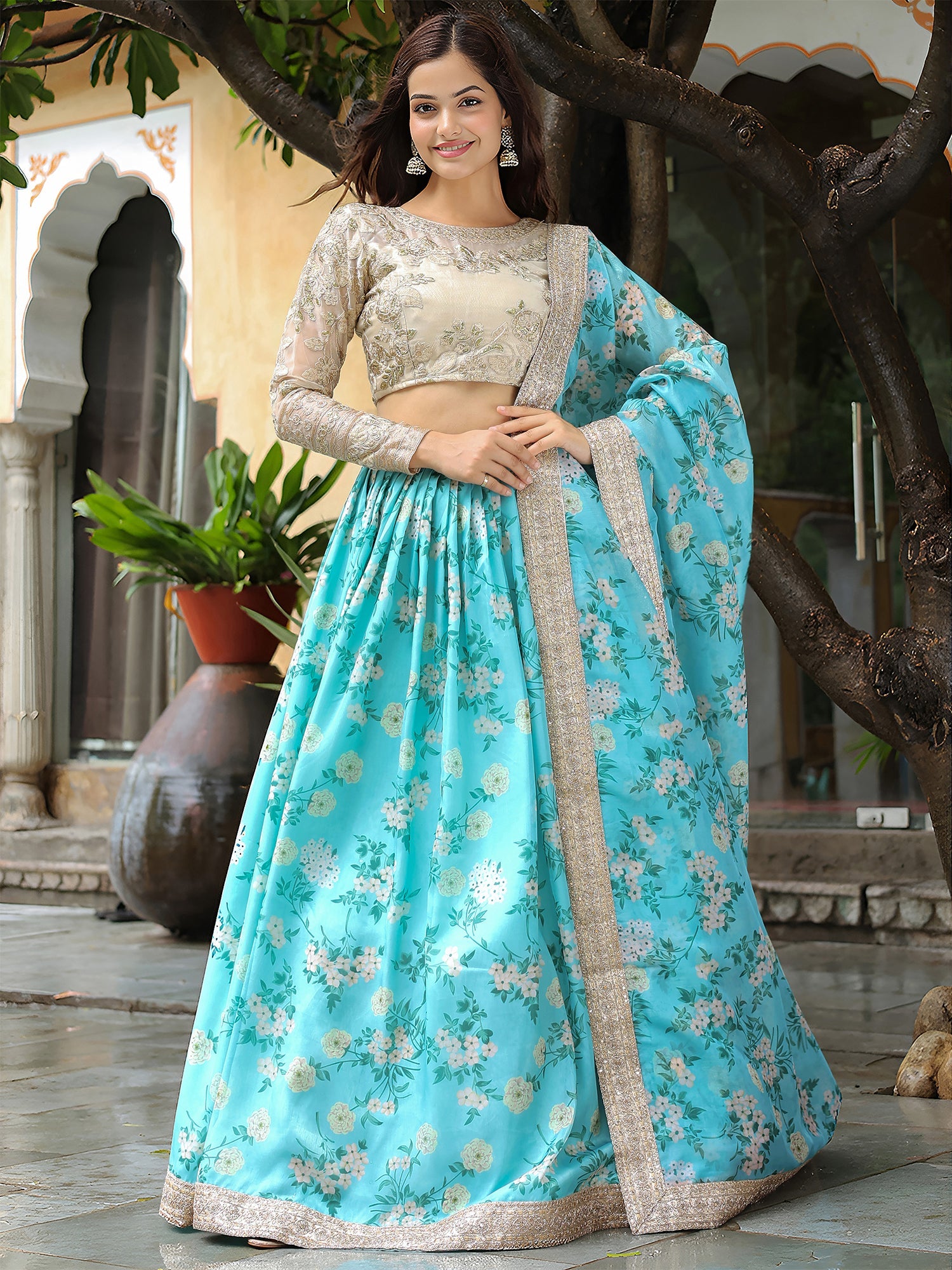 Sky Blue Organza Embroidered Lehenga Choli