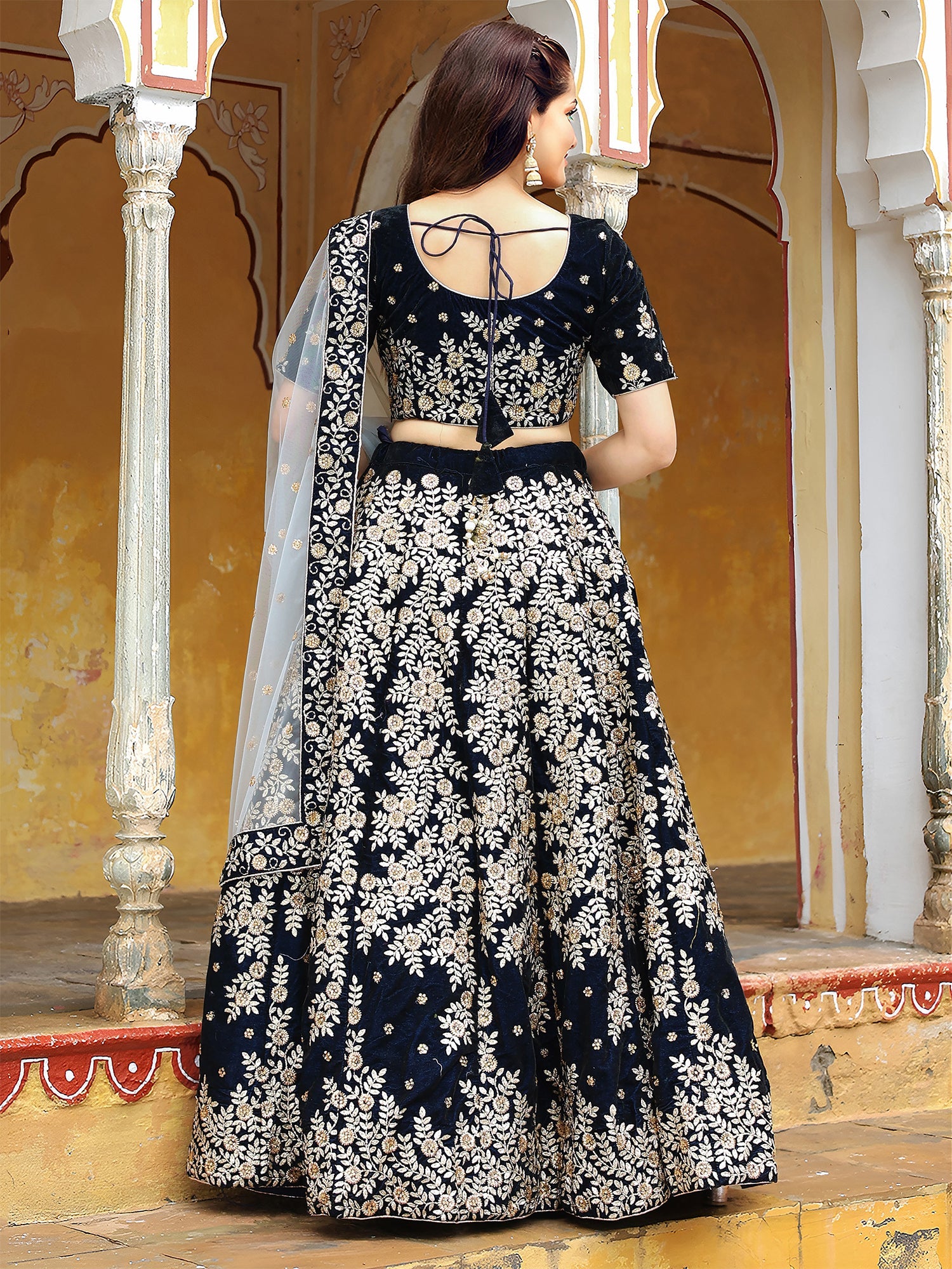 Navy Blue Valvet Embroidered Lehenga Choli