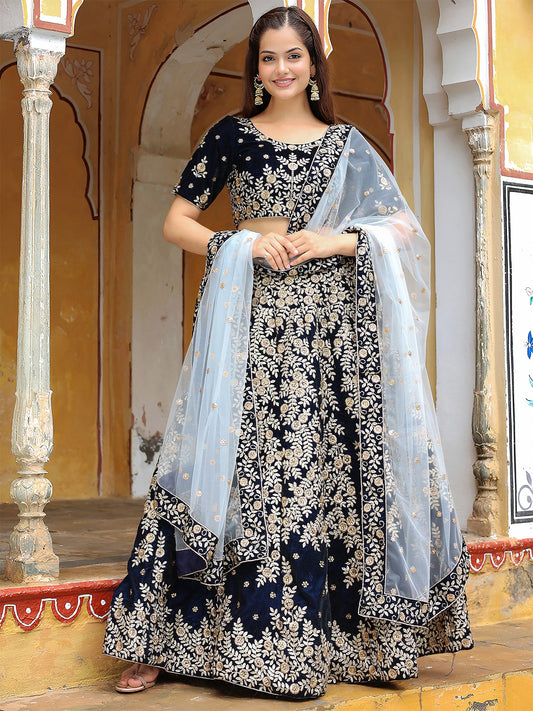 Navy Blue Valvet Embroidered Lehenga Choli