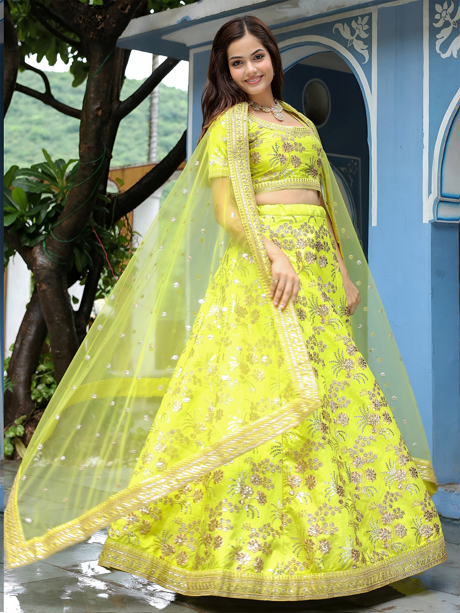Neon Green Embroidered Lehenga Choli In Silk