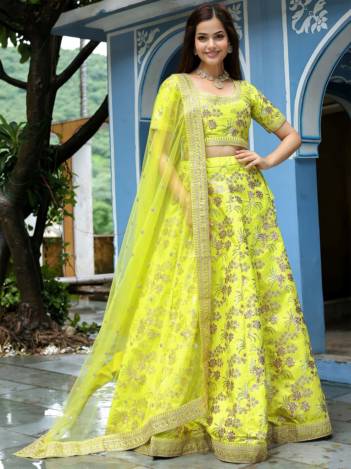 Neon Green Embroidered Lehenga Choli In Silk
