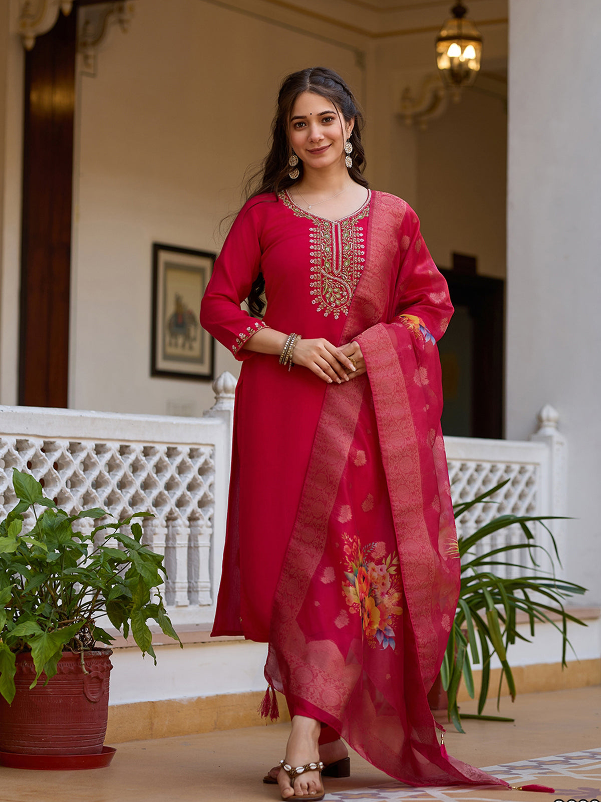Red Embroidered Readymade Salwar Suit