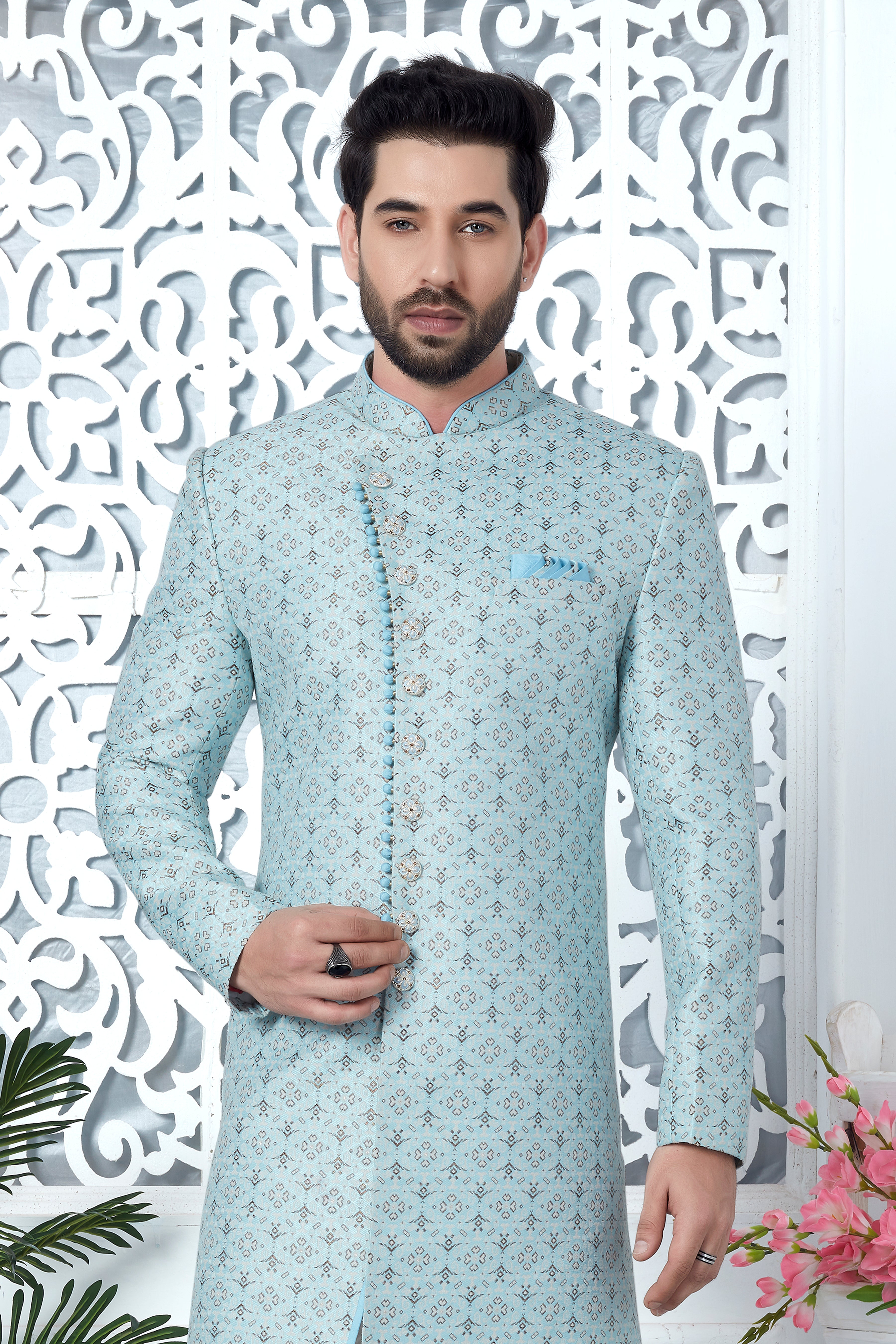 Sky Blue Jacquard Silk Indo Western Sherwani