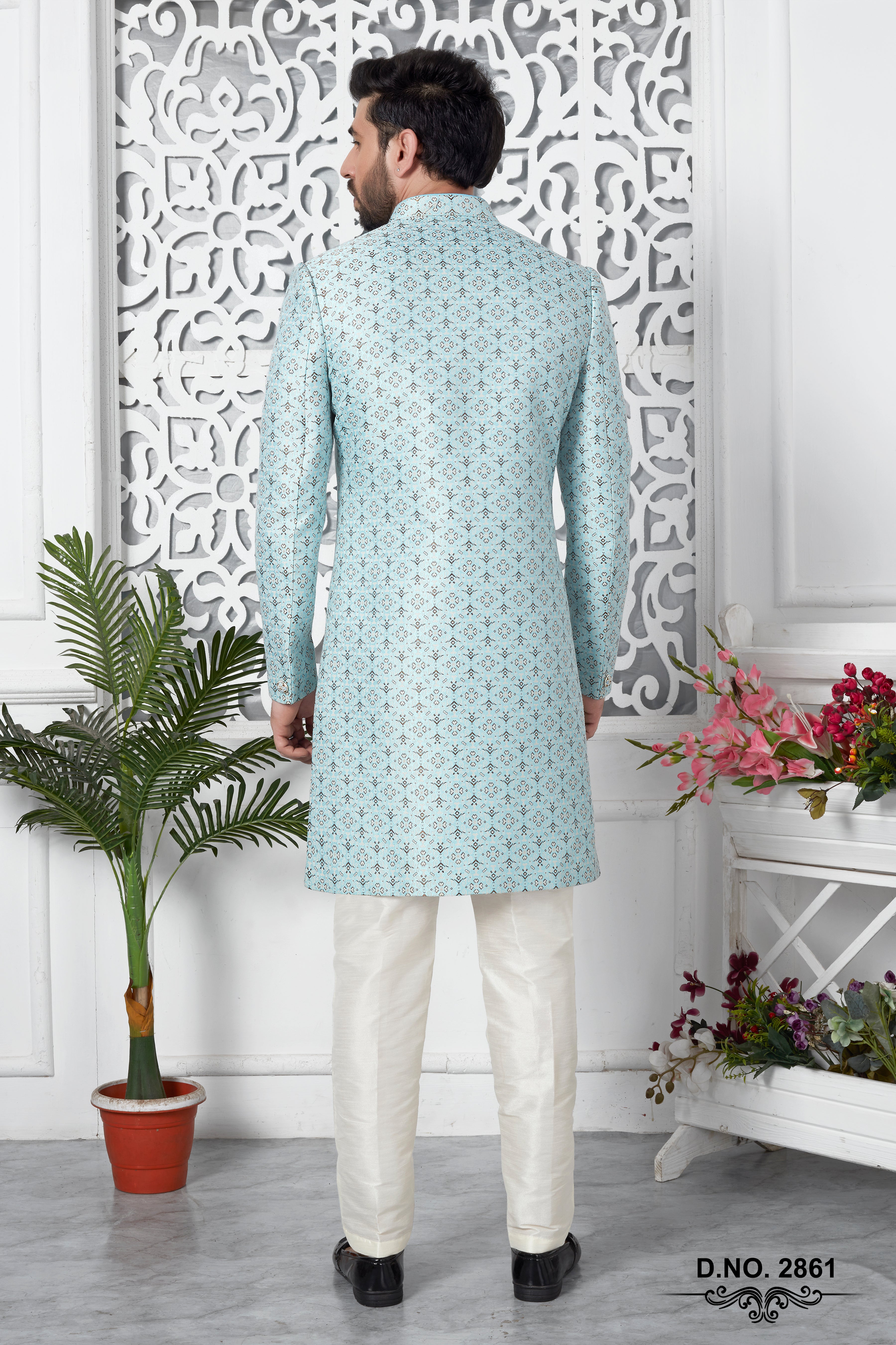 Sky Blue Jacquard Silk Indo Western Sherwani