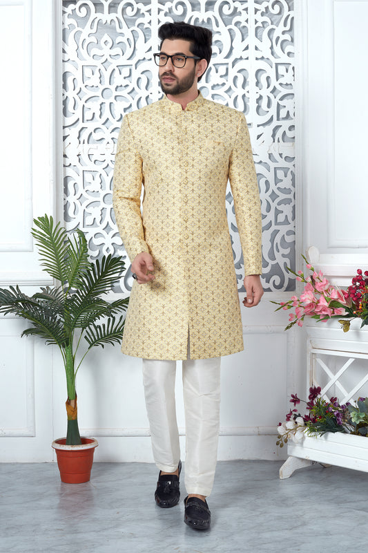 Yellow Jacquard Woven Indo Western Sherwani
