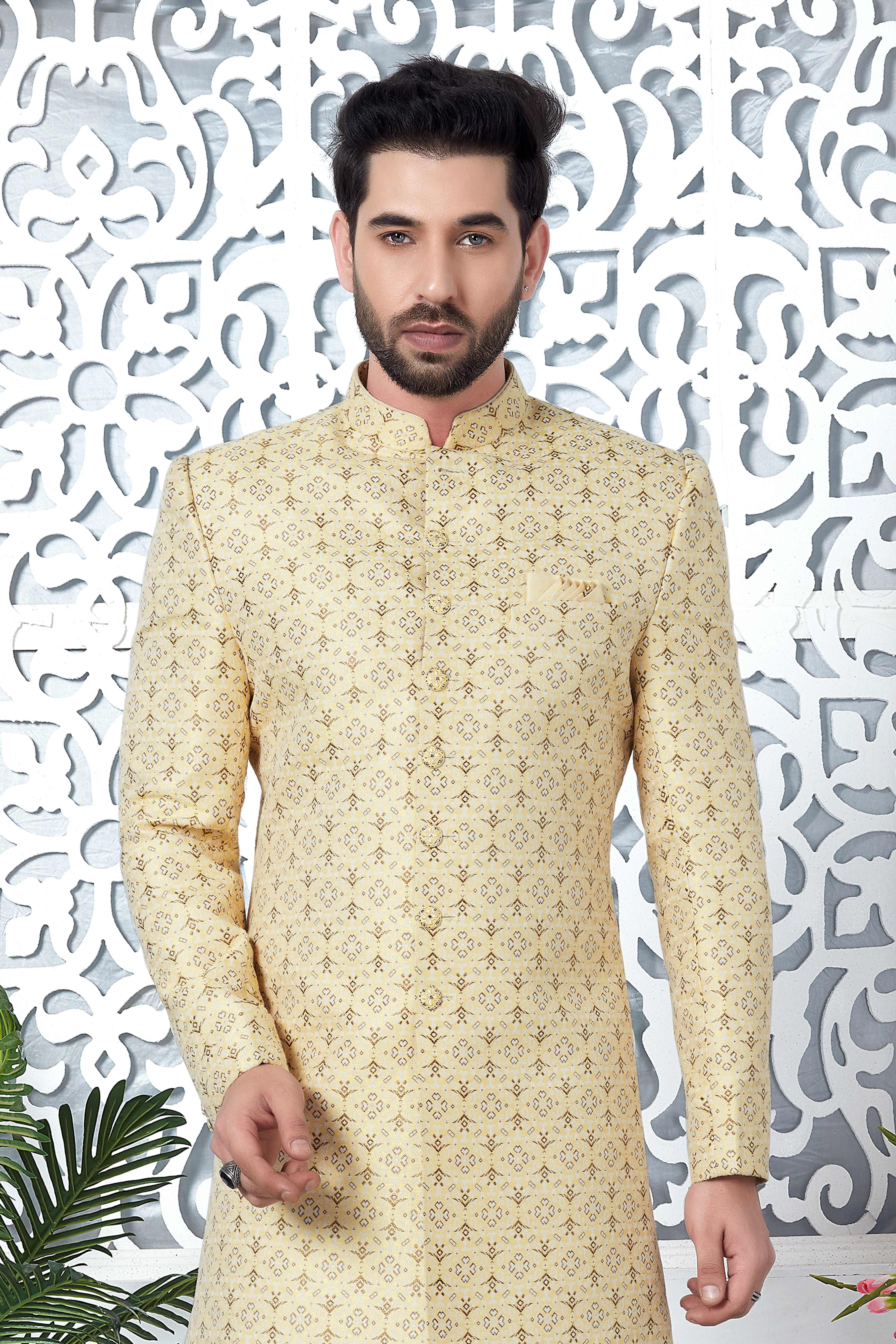 Yellow Jacquard Woven Indo Western Sherwani