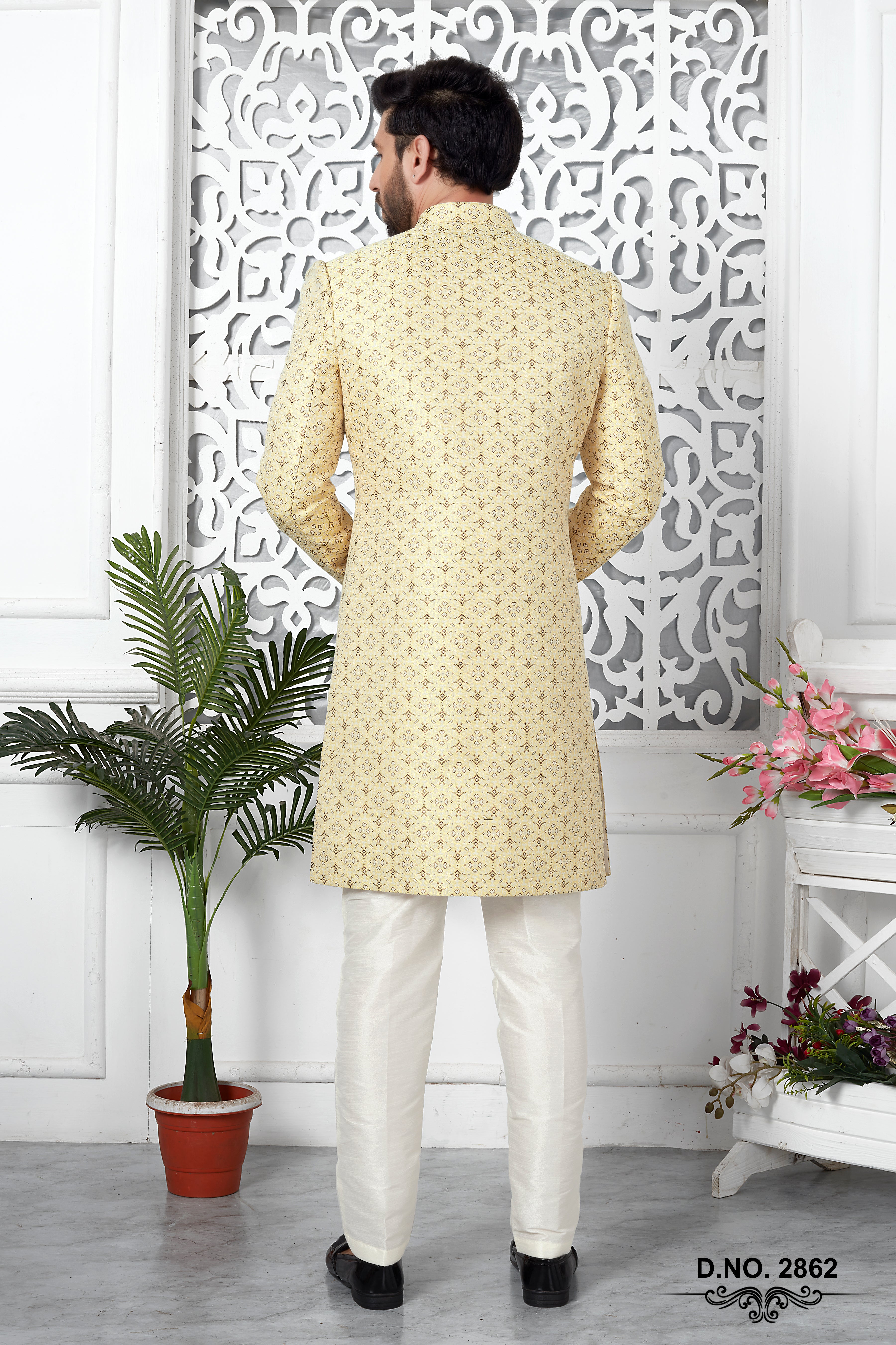Yellow Jacquard Woven Indo Western Sherwani