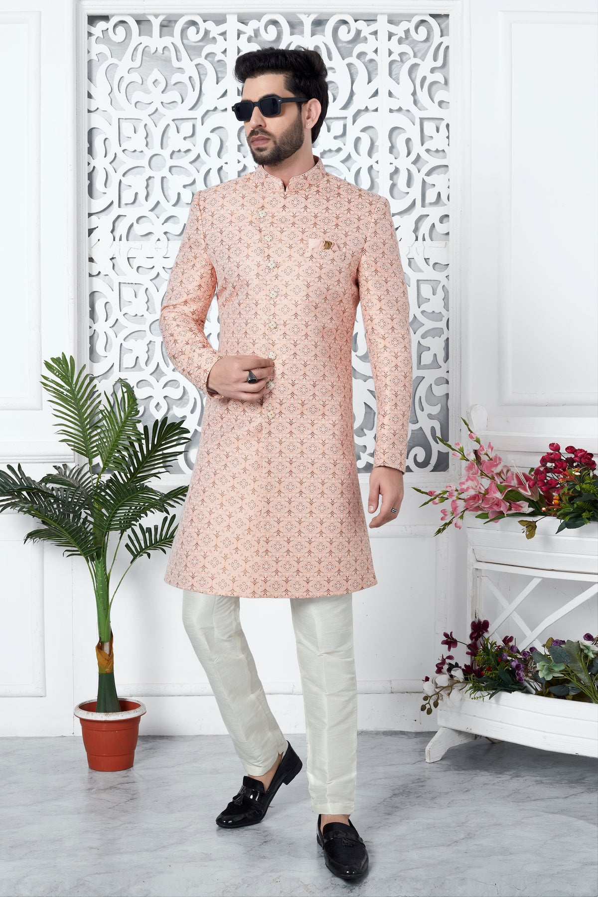 Pink Indo Western Sherwani In Jacquard