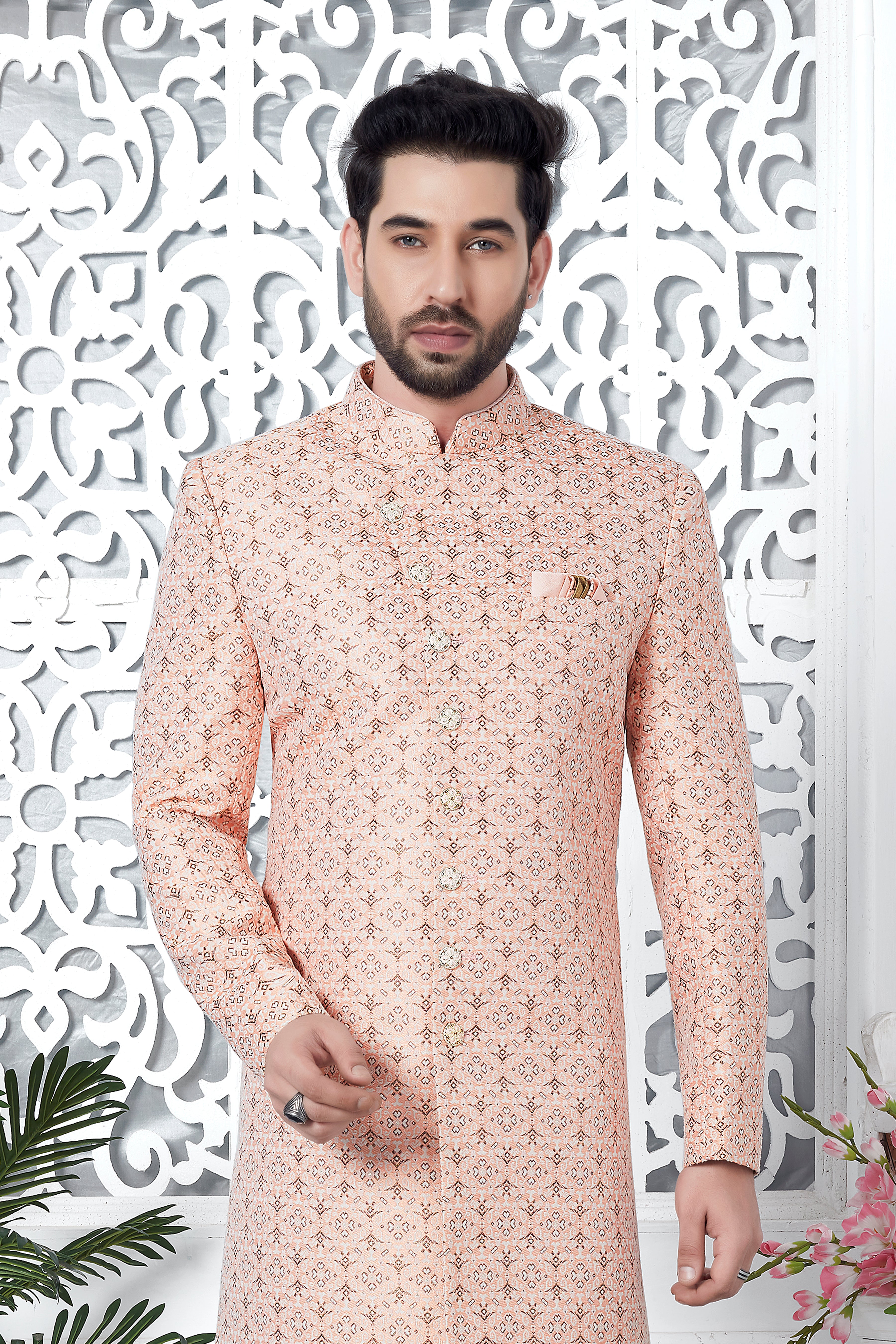Pink Indo Western Sherwani In Jacquard