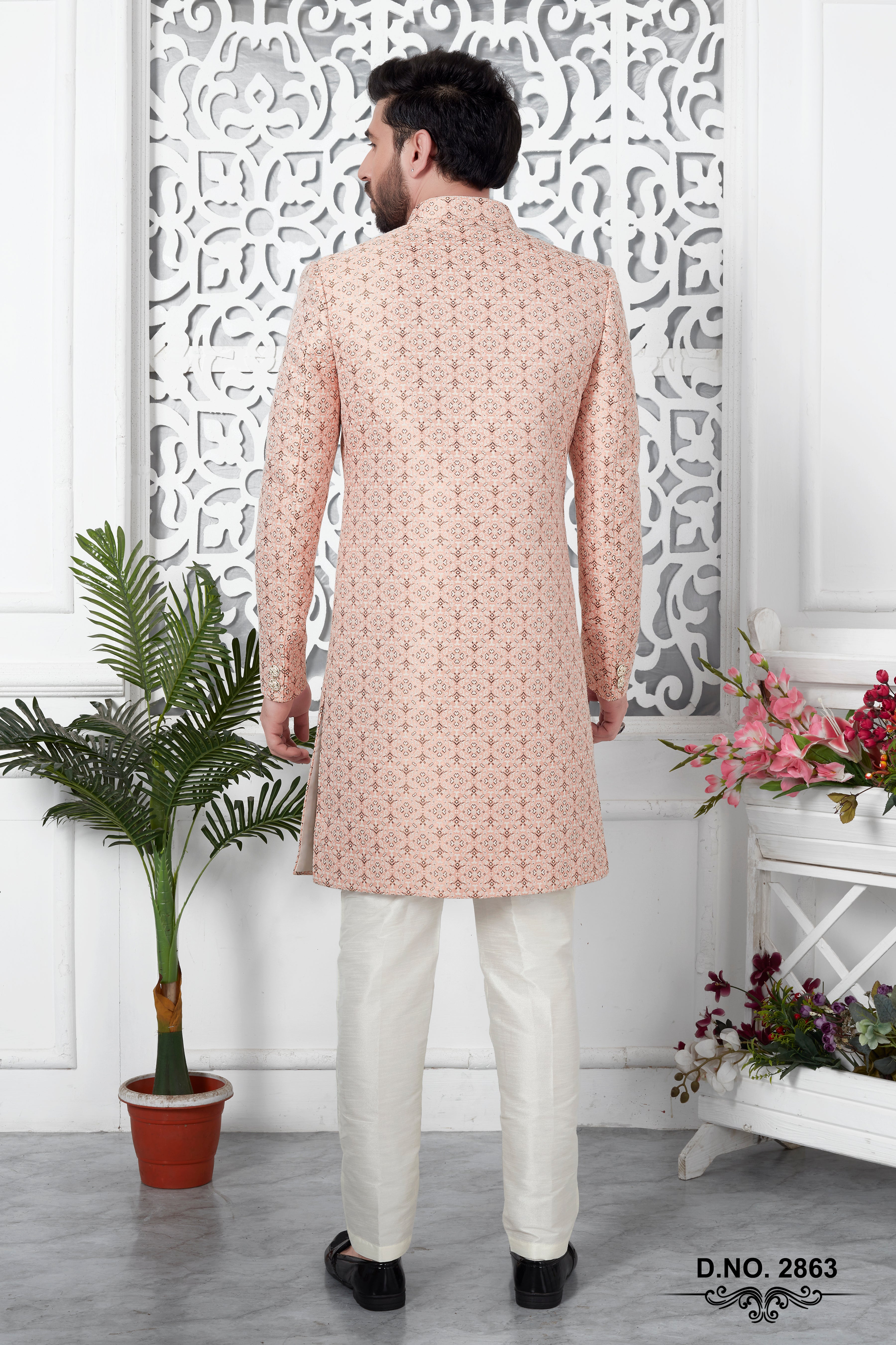 Pink Indo Western Sherwani In Jacquard