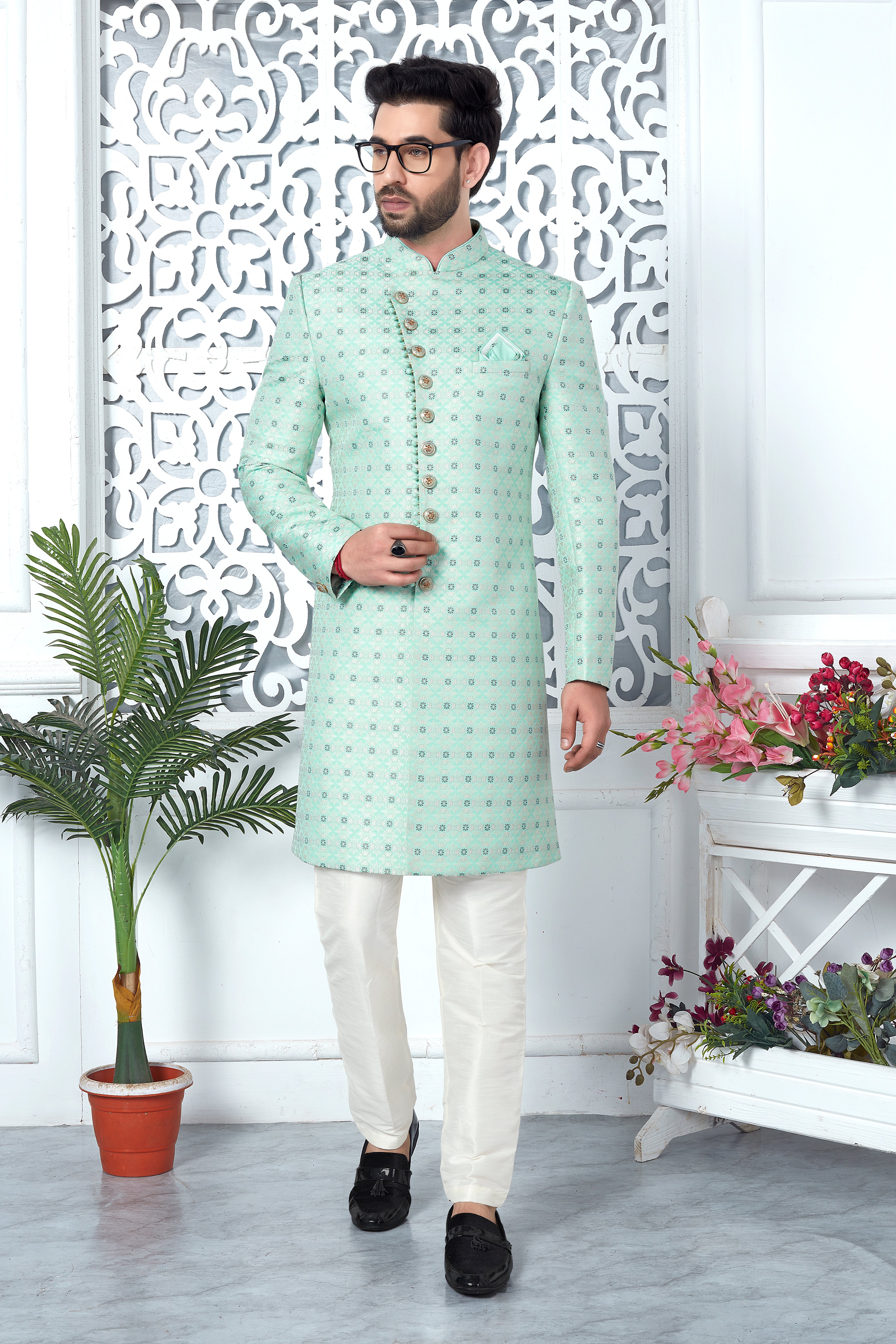 Green Jacquard Woven Indo Sherwani