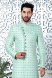Green Jacquard Woven Indo Sherwani