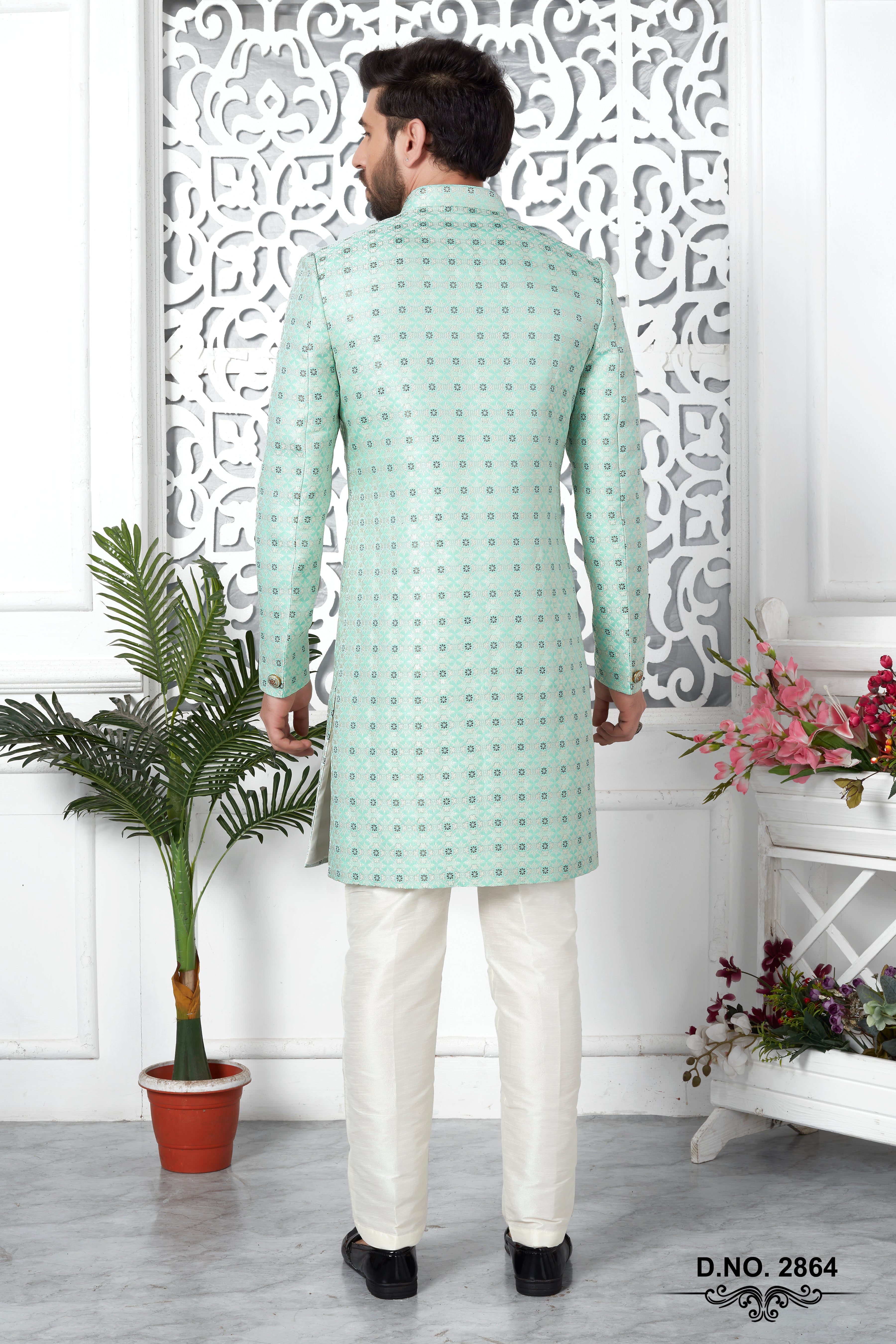 Green Jacquard Woven Indo Sherwani