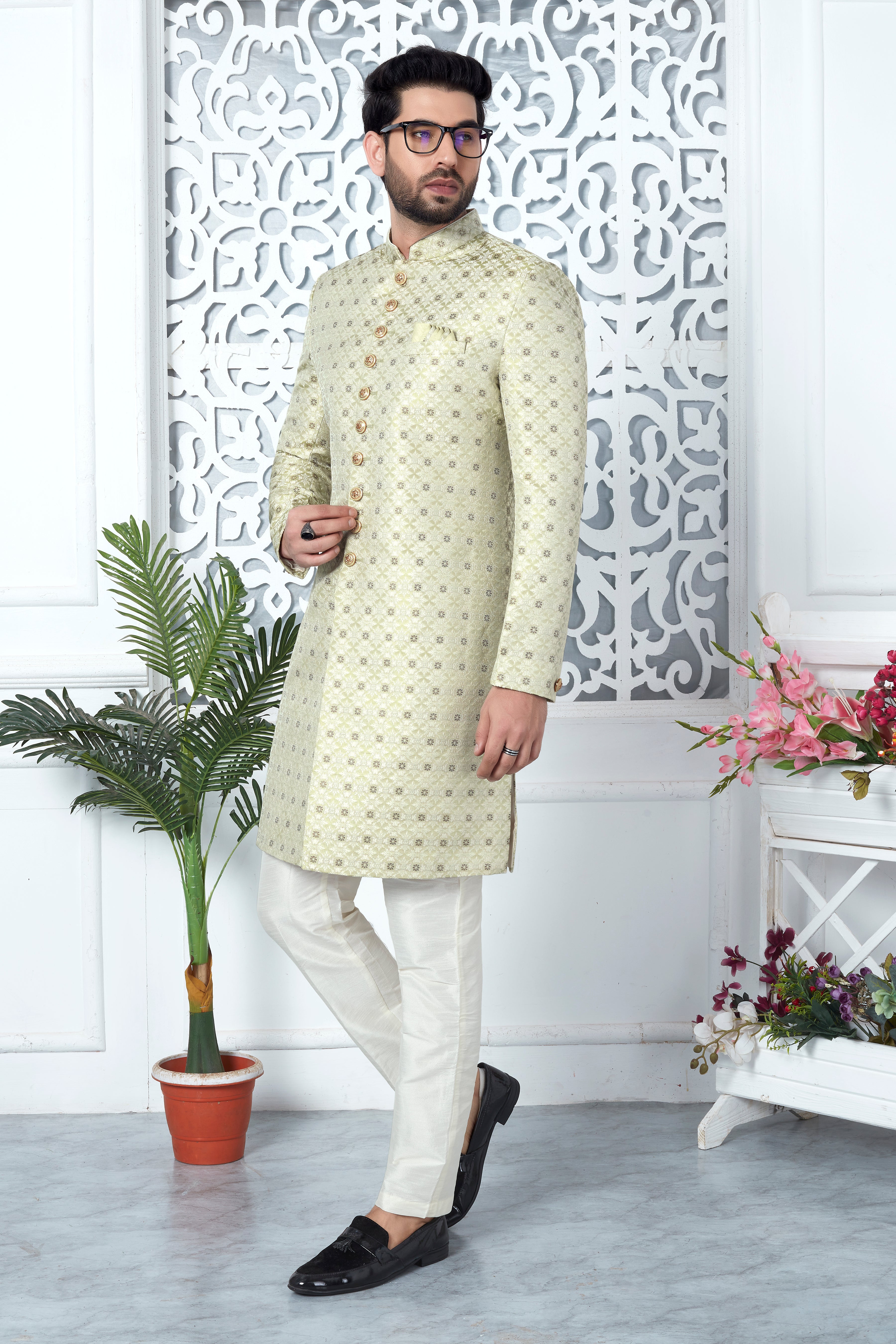 Pista Green Indo Western Sherwani In Silk