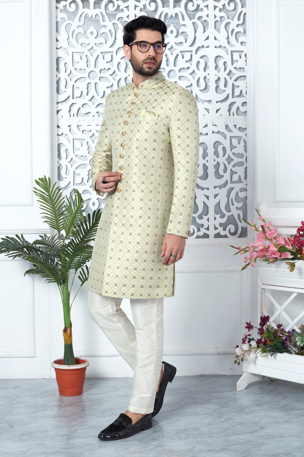 Pista Green Indo Western Sherwani In Silk