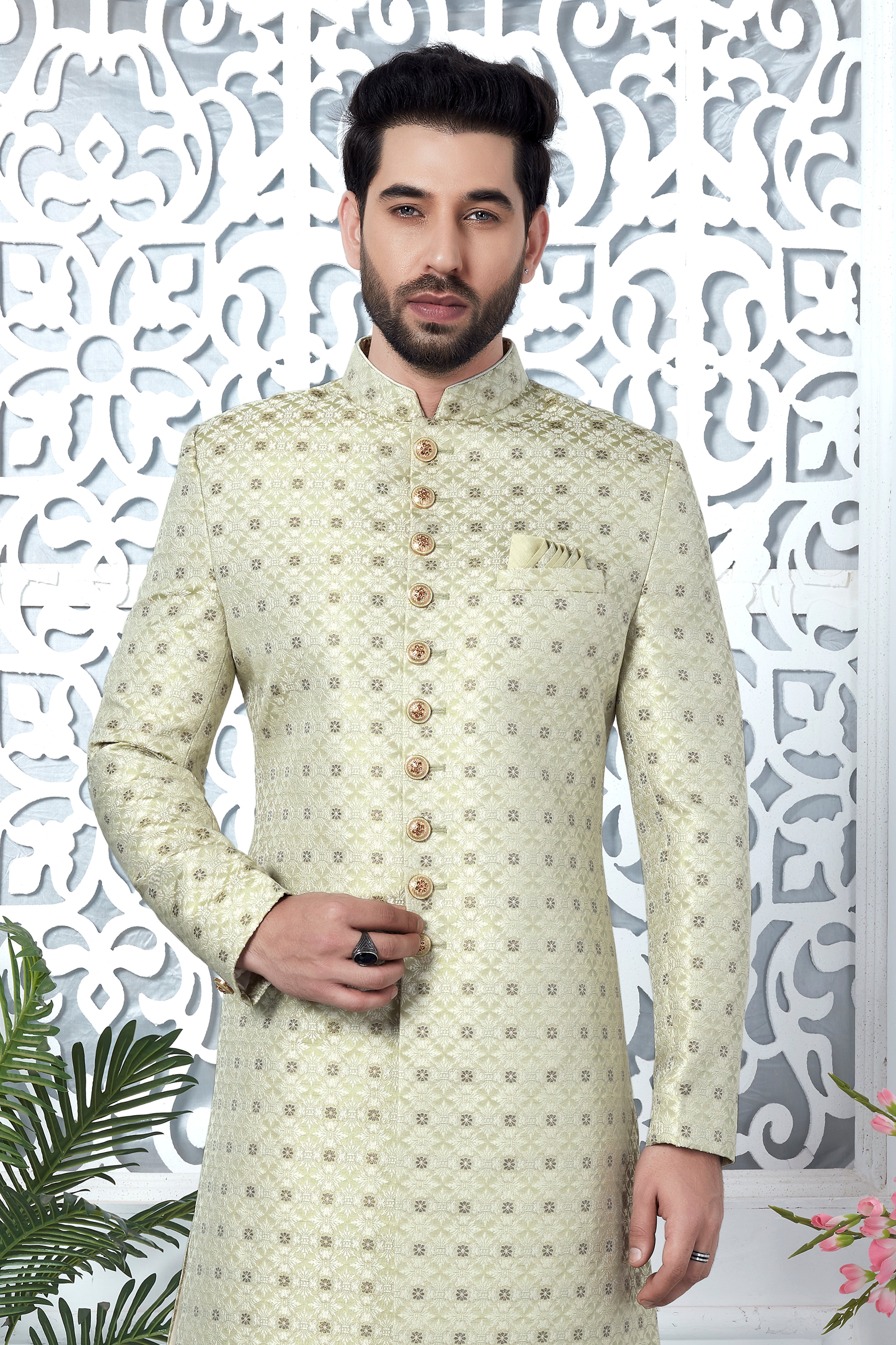 Pista Green Indo Western Sherwani In Silk