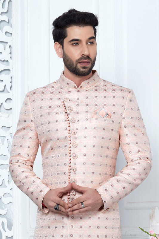 Pink Indo Western Sherwani In Jacquard