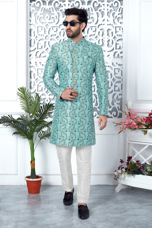 Turquoise Woven Jacquard Indo Western