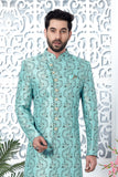 Turquoise Woven Jacquard Indo Western