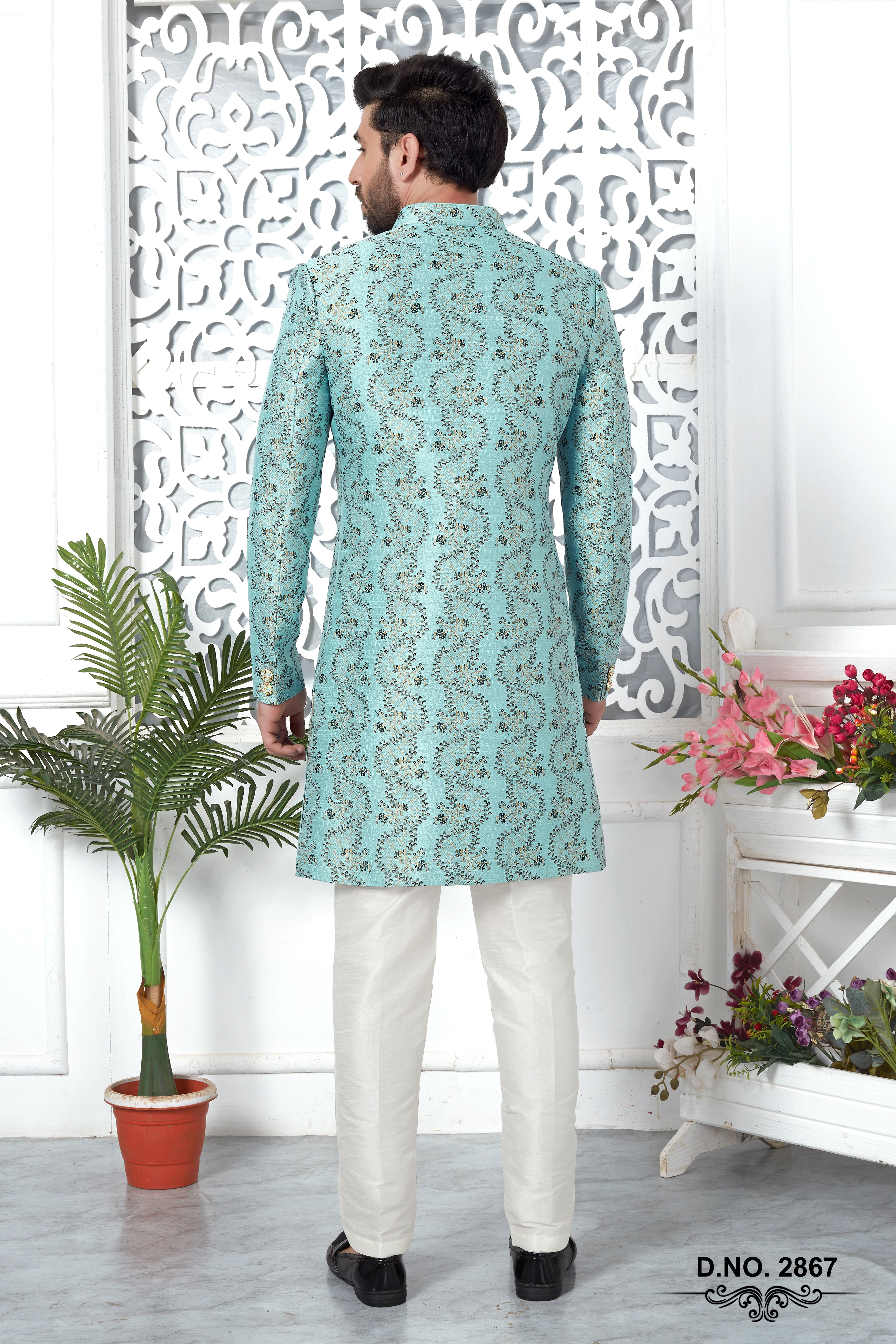 Turquoise Woven Jacquard Indo Western