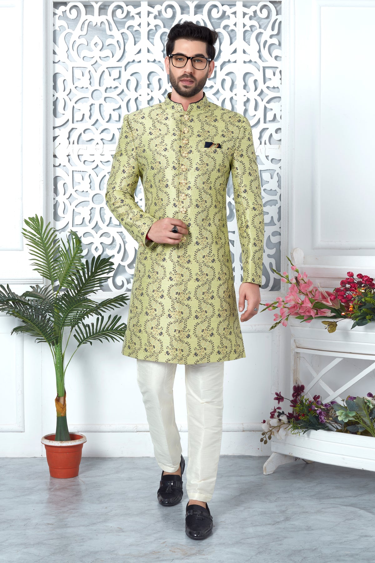 Light Green Woven Indo Western Sherwani