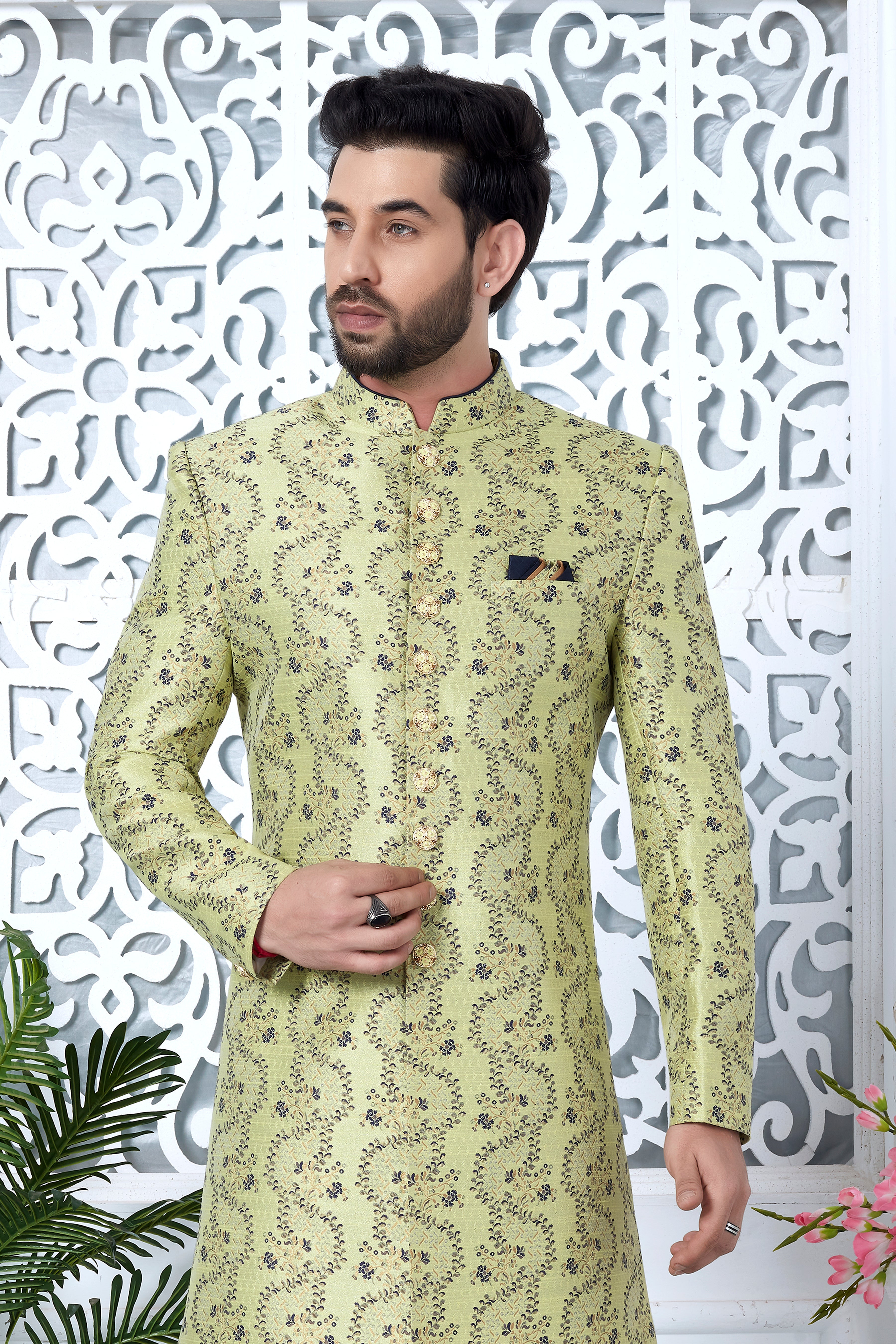 Light Green Woven Indo Western Sherwani