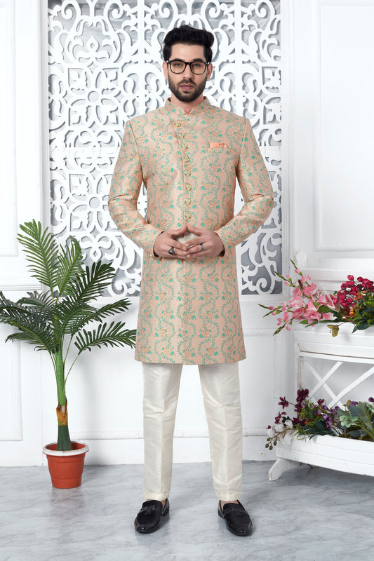 Peach Jacquard Festive Indo Western Sherwani