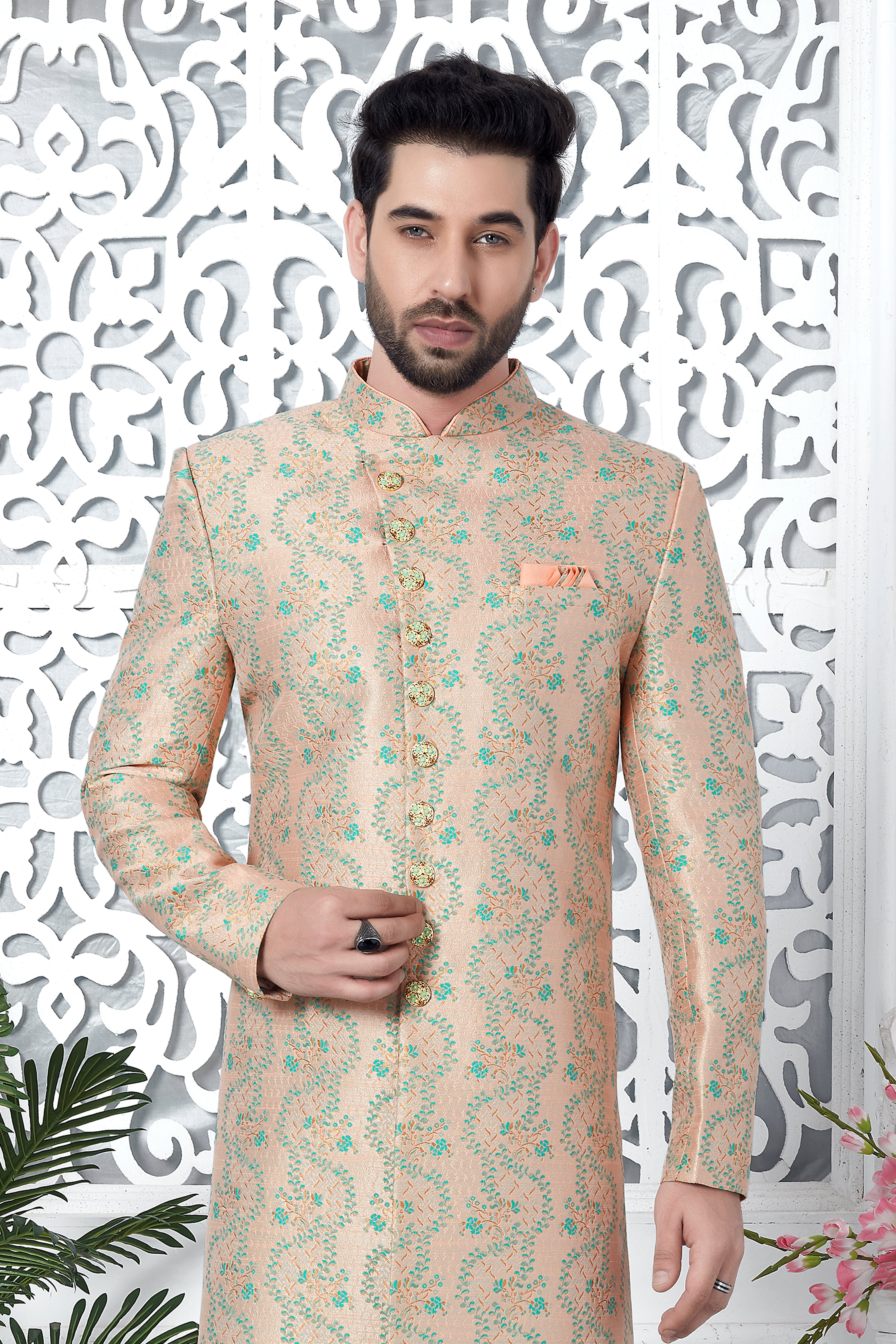 Peach Jacquard Festive Indo Western Sherwani