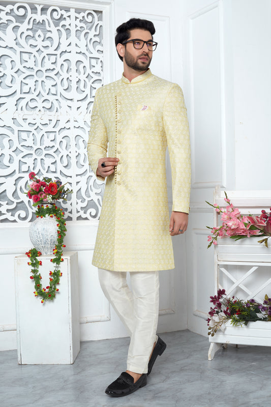 Yellow Woven Silk Indo Western Sherwani