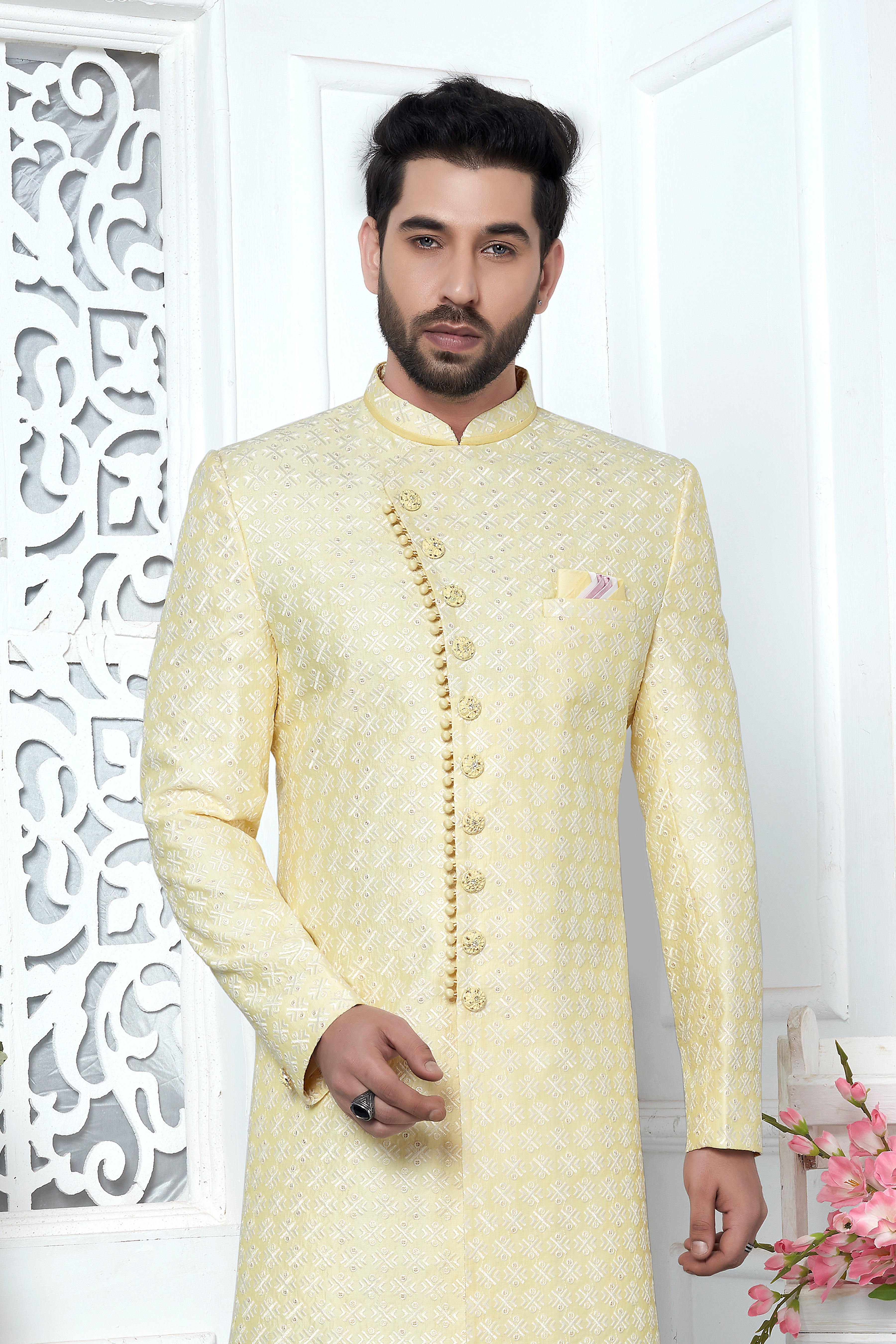 Yellow Woven Silk Indo Western Sherwani