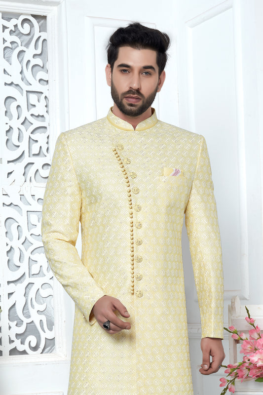 Yellow Woven Silk Indo Western Sherwani