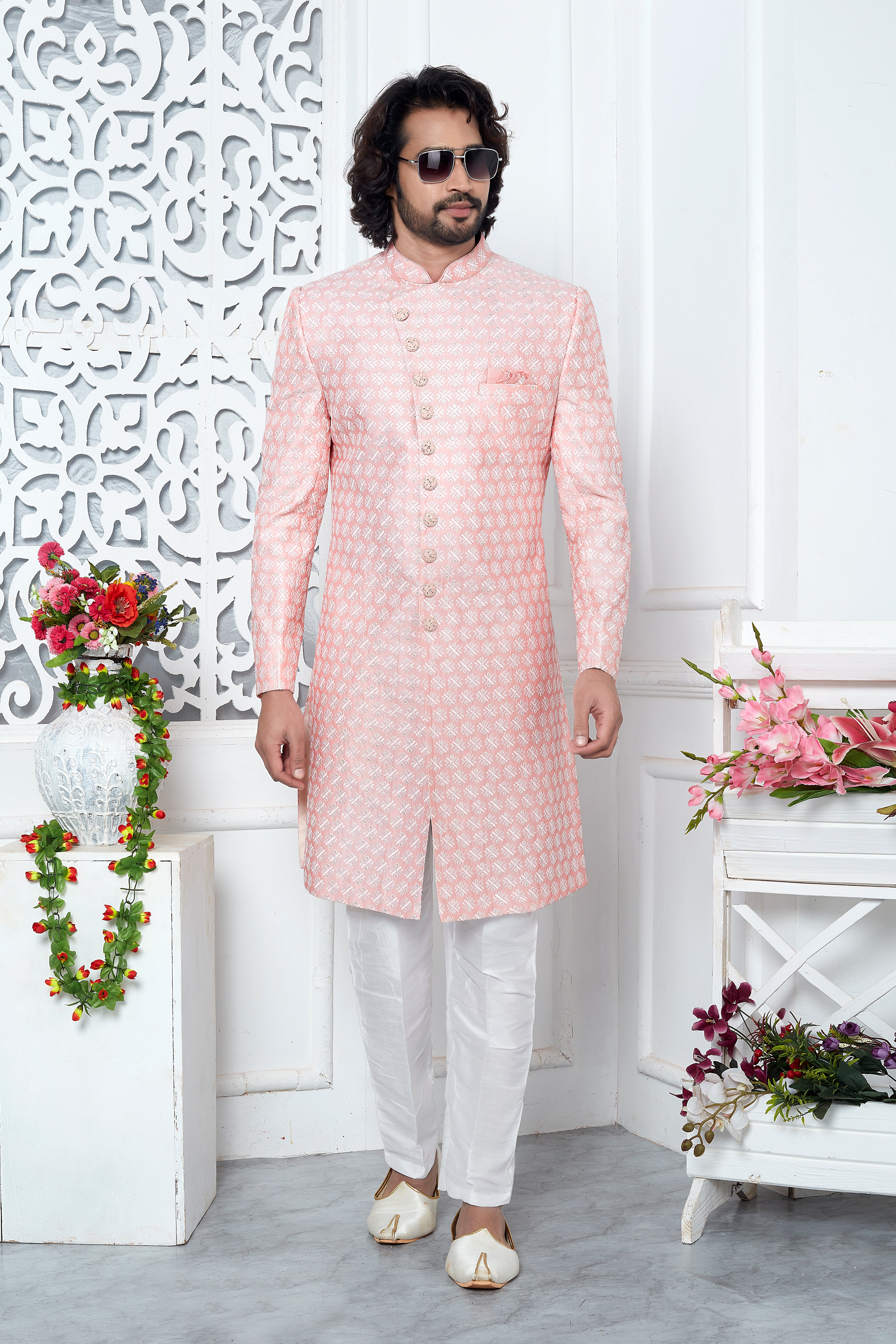 Pink Jacquard Woven Sherwani for Men
