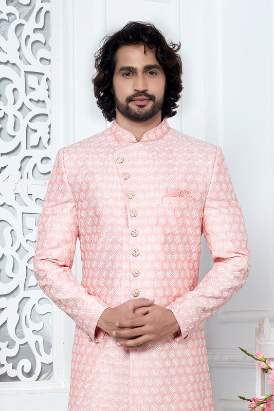 Pink Jacquard Woven Sherwani for Men