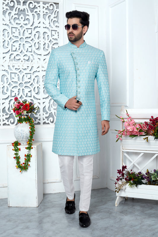 Dazzling Blue Woven Jacquard Indo Western Sherwani