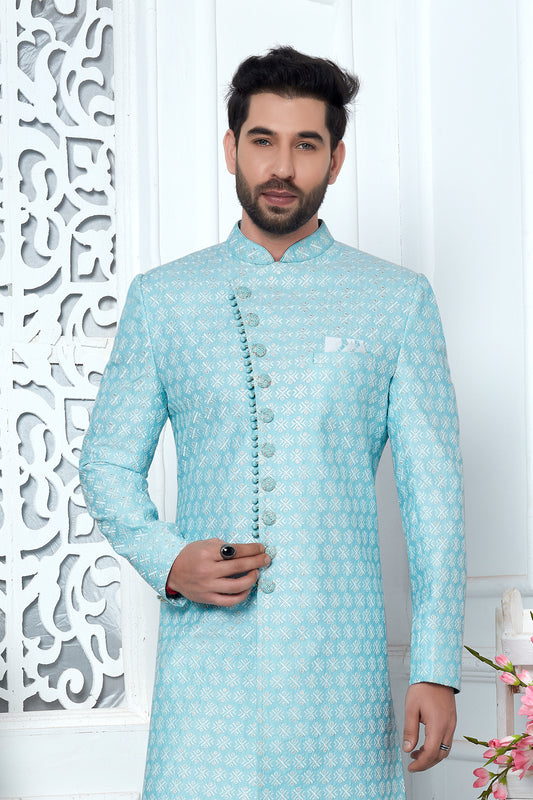Dazzling Blue Woven Jacquard Indo Western Sherwani