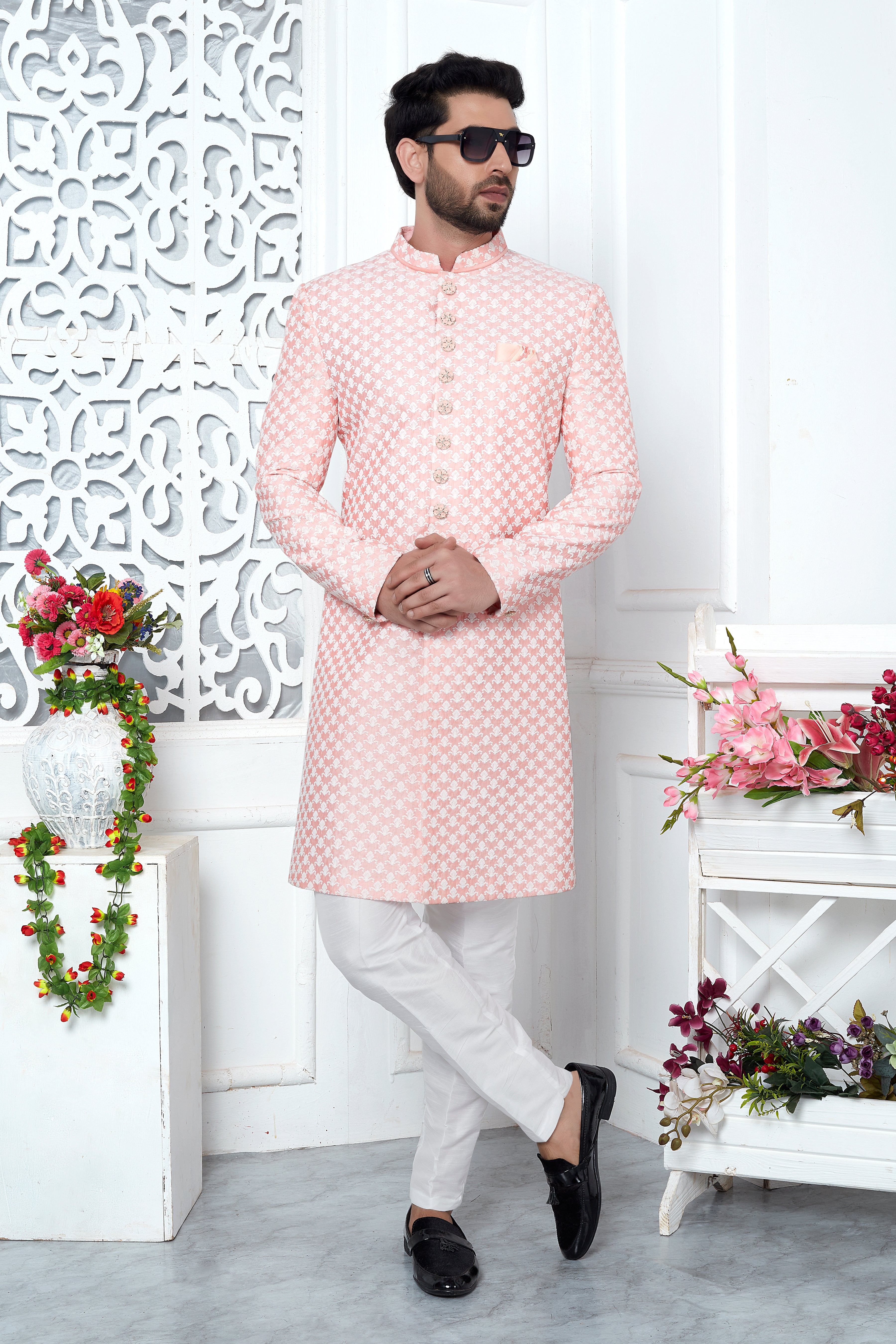 Peach Color Indo Western Sherwani In Silk