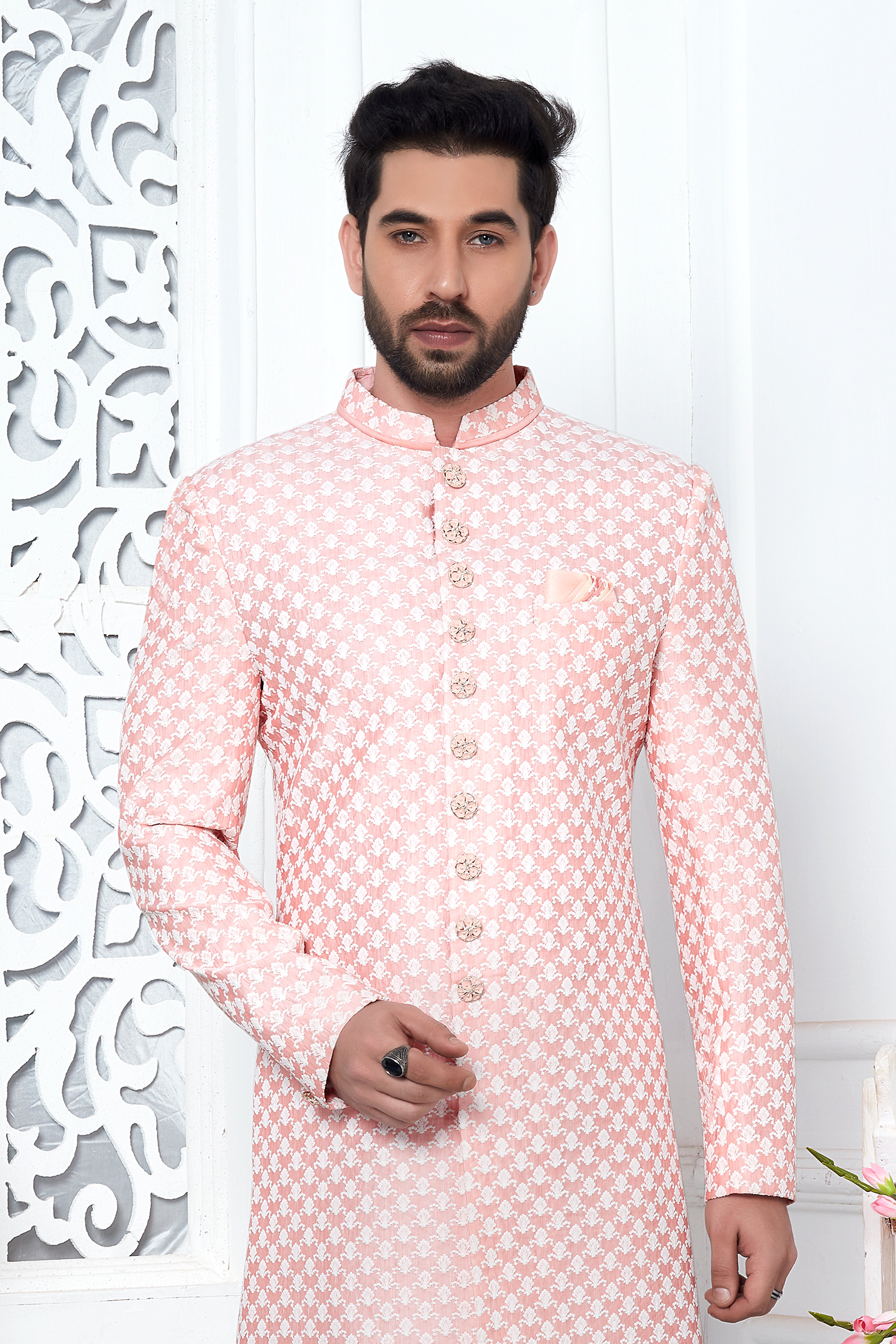 Peach Color Indo Western Sherwani In Silk